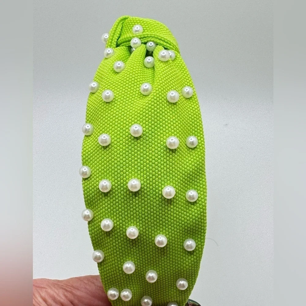 Neon Lime White Pearl Knot Headband